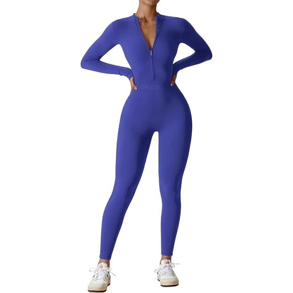 Long Sleeve Bodysuit Royal Blue Sexy Deep V Bottom Pants Layering Fall Winter - Picture 1 of 6